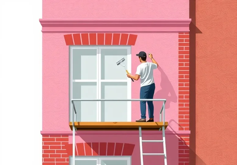Peintre sur échafaudage traitant la façade d'une maison
